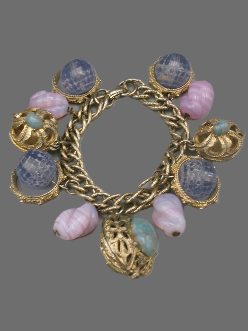 Vtg Gold Filigree Lucite Glass Charm Bracelet, Heavier Weight, Ornate Mid Centur